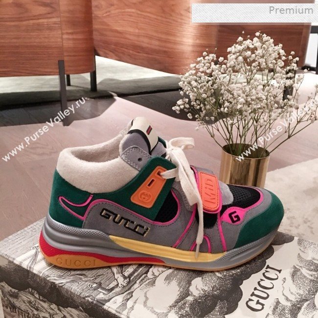Gucci Ultrapace Suede and Mesh Mid-top Sneakers Green/Grey (For Women and Men) (KL-0011609)