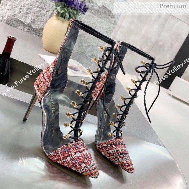 Chanel Tweed Transparent Lace-up High-Heel Short Boots Red 2019 (MD-0011619)