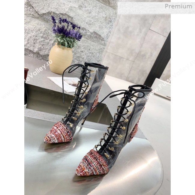 Chanel Tweed Transparent Lace-up High-Heel Short Boots Red 2019 (MD-0011619)