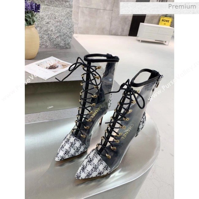 Chanel Tweed Transparent Lace-up High-Heel Short Boots White 2019 (MD-0011621)