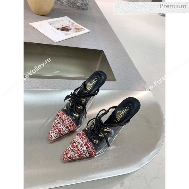 Chanel Tweed Transparent Lace-up High-Heel Mules Red 2019 (MD-0011627)