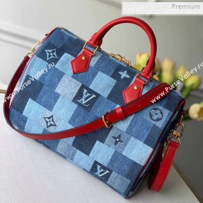 Louis Vuitton Speedy Bandoulière 30 in Damier Monogram Denim Canvas M45041 Blue/Red 2020 (KI-0011703)