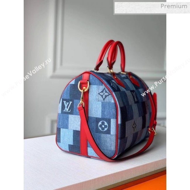 Louis Vuitton Speedy Bandoulière 30 in Damier Monogram Denim Canvas M45041 Blue/Red 2020 (KI-0011703)