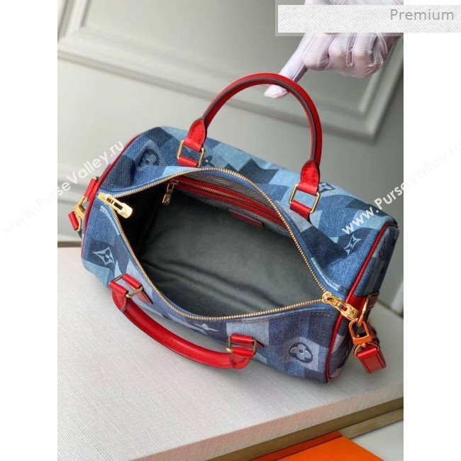 Louis Vuitton Speedy Bandoulière 30 in Damier Monogram Denim Canvas M45041 Blue/Red 2020 (KI-0011703)