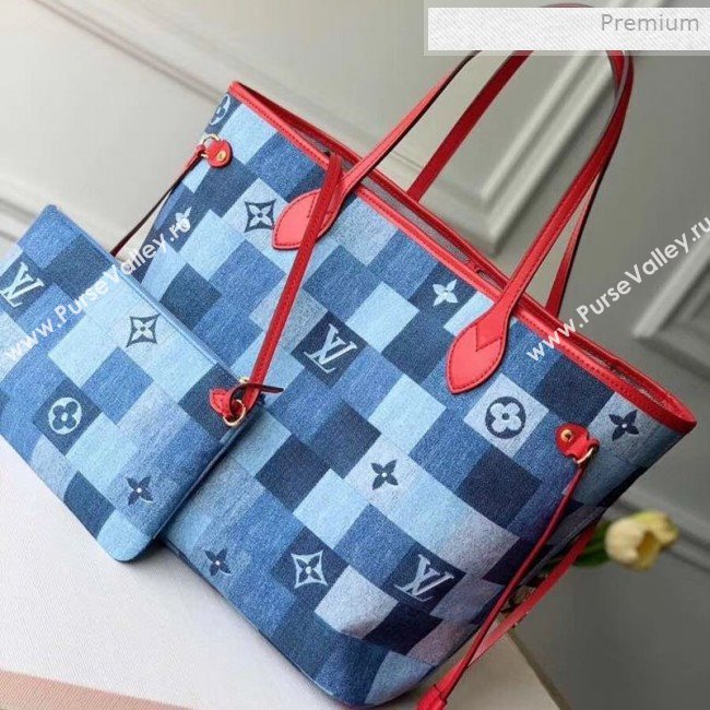 Louis Vuitton Neverfull MM Tote Bag in Damier Monogram Denim Canvas M44981 Blue/Red 2020 (KI-0011705)