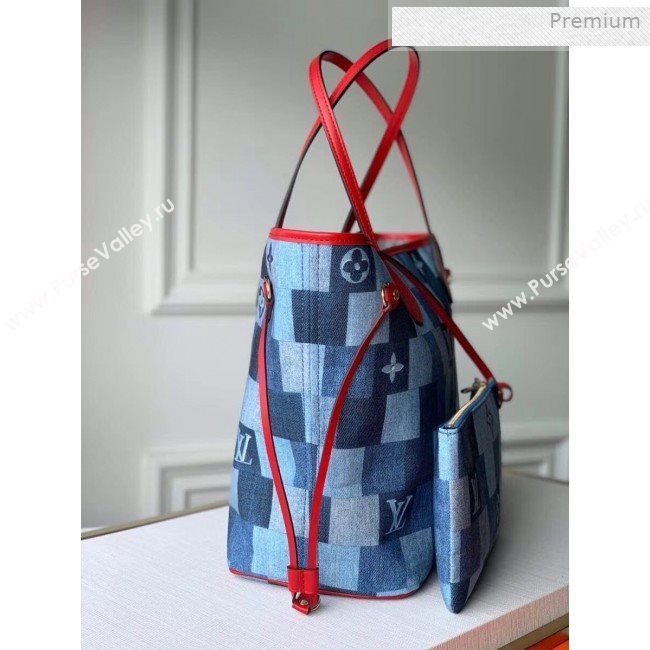 Louis Vuitton Neverfull MM Tote Bag in Damier Monogram Denim Canvas M44981 Blue/Red 2020 (KI-0011705)