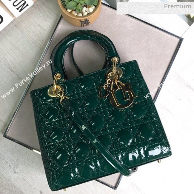 Dior My Lady Dior Medium Bag in Patent Cannage Calfskin Green/Gold 2019 (XXG-0011713)