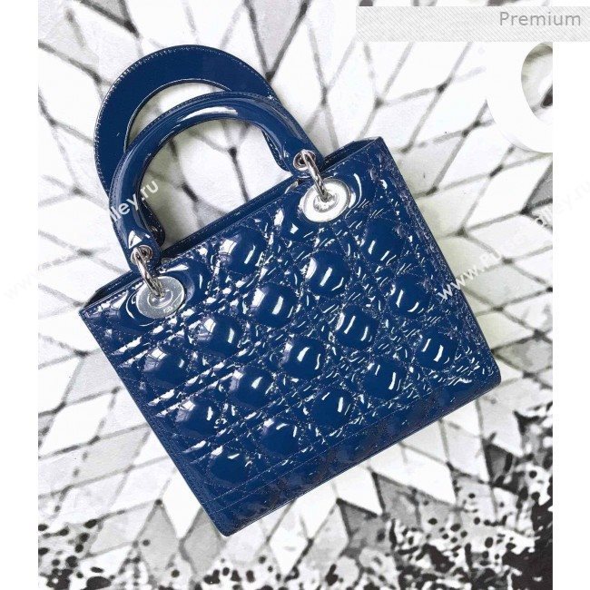 Dior My Lady Dior Medium Bag in Patent Cannage Calfskin Blue/Silver 2019 (XXG-0011716)