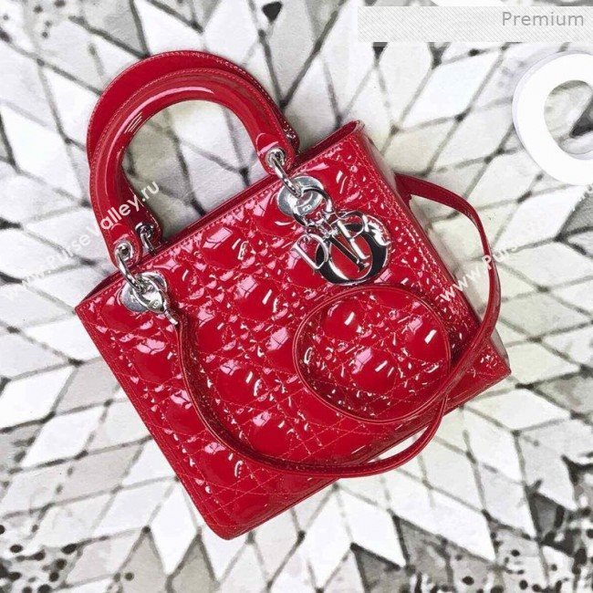 Dior My Lady Dior Medium Bag in Patent Cannage Calfskin Bright Red/Silver 2019 (XXG-0011718)