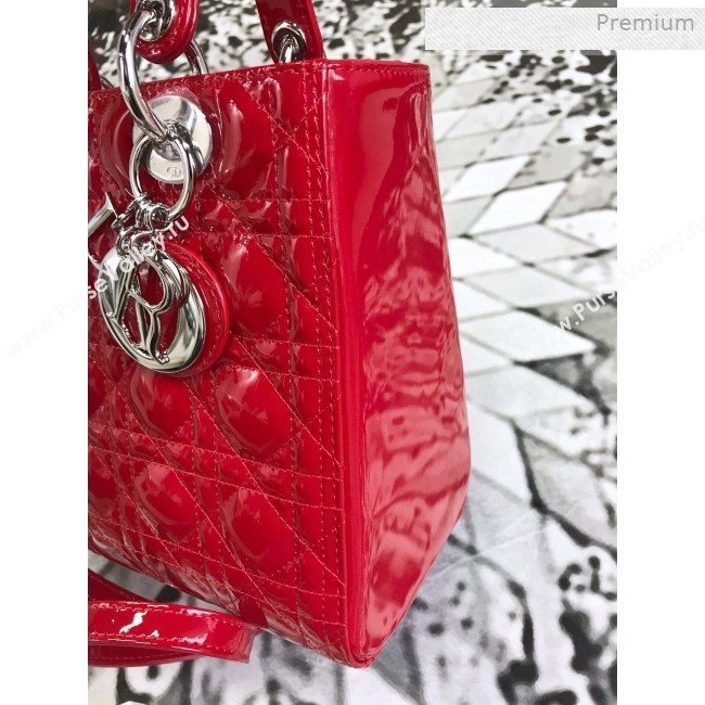 Dior My Lady Dior Medium Bag in Patent Cannage Calfskin Bright Red/Silver 2019 (XXG-0011718)