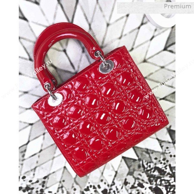 Dior My Lady Dior Medium Bag in Patent Cannage Calfskin Bright Red/Silver 2019 (XXG-0011718)