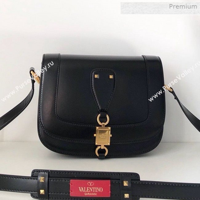 Valentino VLocker Shiny Calfskin Crossbody Bag 1014 Black 2020 (JD-0011536)