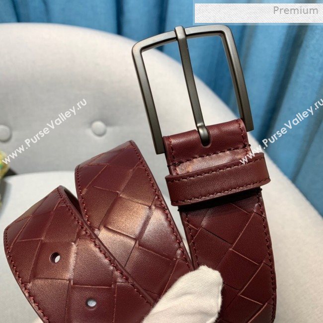 Bottega Veneta Woven Leather Belt 35mm with Matte Frame Buckle Burgundy 2019 (MS-0011543)