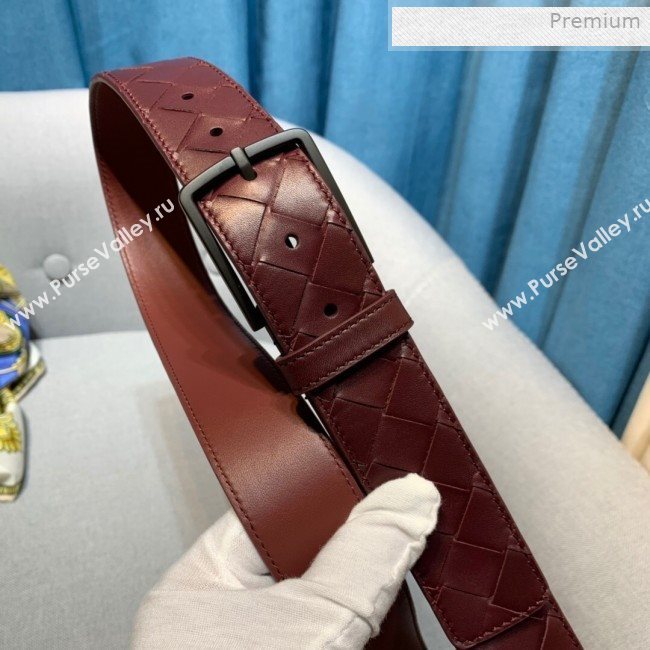 Bottega Veneta Woven Leather Belt 35mm with Matte Frame Buckle Burgundy 2019 (MS-0011543)