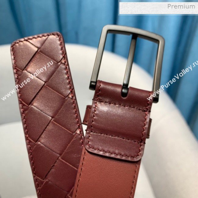 Bottega Veneta Woven Leather Belt 35mm with Matte Frame Buckle Burgundy 2019 (MS-0011543)