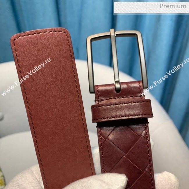 Bottega Veneta Woven Leather Belt 35mm with Matte Frame Buckle Burgundy 2019 (MS-0011543)