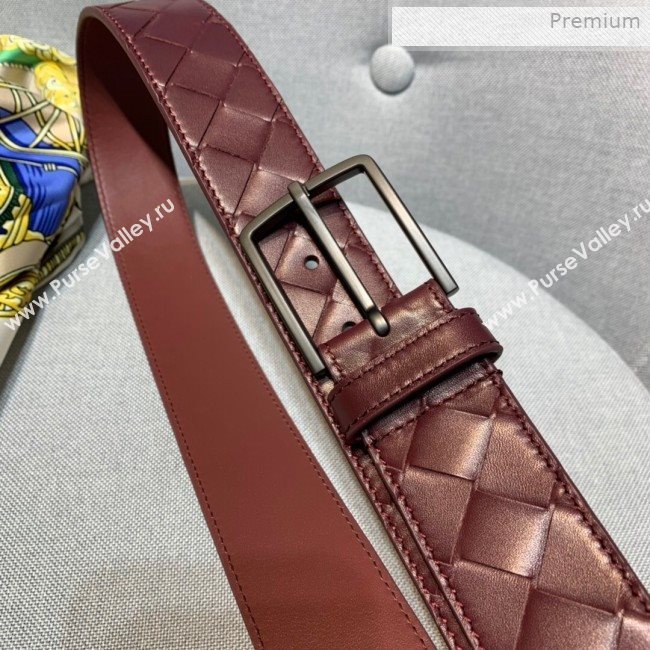 Bottega Veneta Woven Leather Belt 35mm with Matte Frame Buckle Burgundy 2019 (MS-0011543)