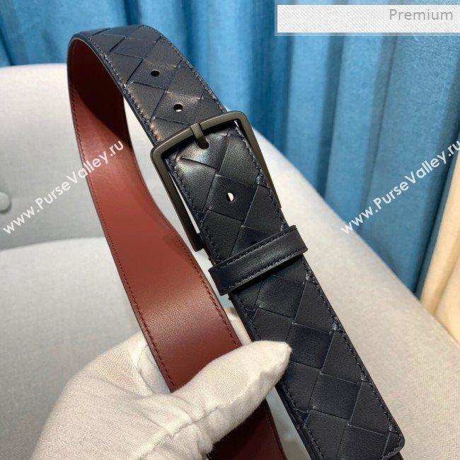 Bottega Veneta Woven Leather Belt 35mm with Matte Frame Buckle Navy Blue 2019 (MS-0011544)