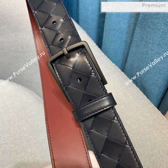 Bottega Veneta Woven Leather Belt 35mm with Matte Frame Buckle Navy Blue 2019 (MS-0011544)