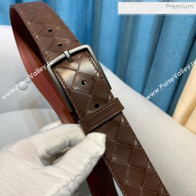 Bottega Veneta Woven Leather Belt 35mm with Matte Frame Buckle Brown 2019 (MS-0011545)