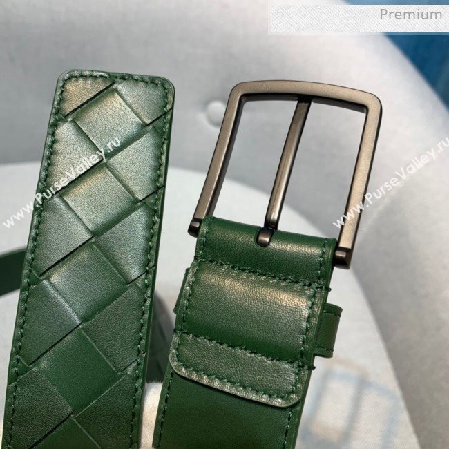 Bottega Veneta Woven Leather Belt 35mm with Matte Frame Buckle Green 2019 (MS-0011546)