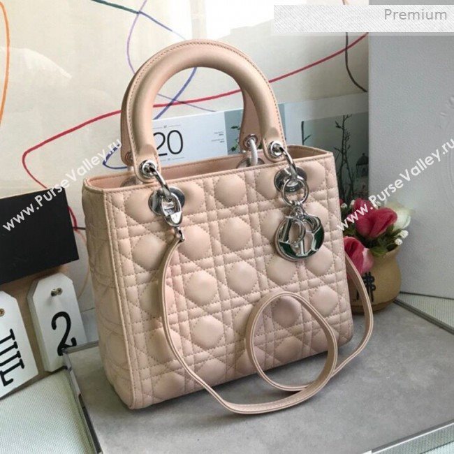 Dior Lady Dior Medium Bag in Cannage Lambskin Light Pink/Silver 2019 (XXG-0011724)