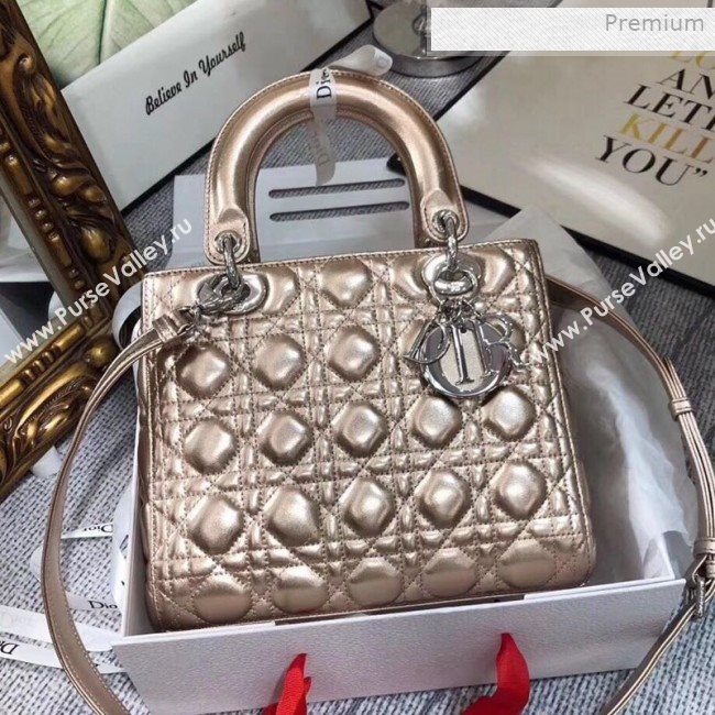 Dior Lady Dior Medium Bag in Cannage Metallic Leather Champagne/Silver 2019 (XXG-0011730)