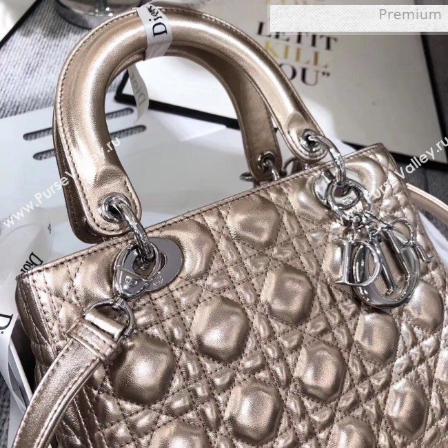 Dior Lady Dior Medium Bag in Cannage Metallic Leather Champagne/Silver 2019 (XXG-0011730)
