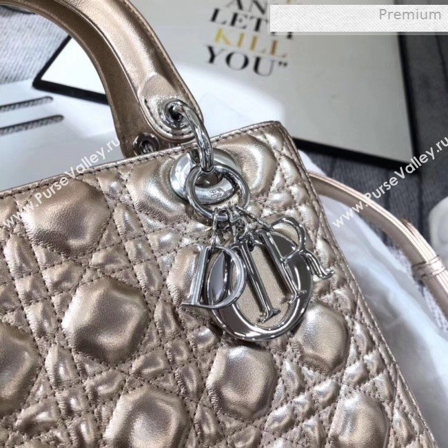 Dior Lady Dior Medium Bag in Cannage Metallic Leather Champagne/Silver 2019 (XXG-0011730)