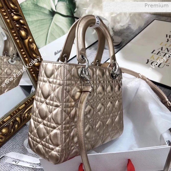 Dior Lady Dior Medium Bag in Cannage Metallic Leather Champagne/Silver 2019 (XXG-0011730)