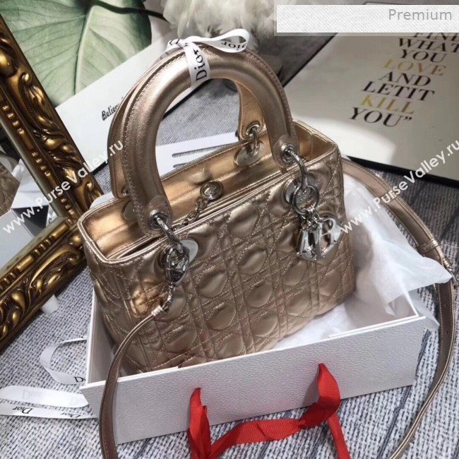 Dior Lady Dior Medium Bag in Cannage Metallic Leather Champagne/Silver 2019 (XXG-0011730)
