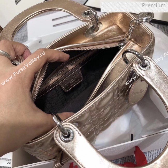 Dior Lady Dior Medium Bag in Cannage Metallic Leather Champagne/Silver 2019 (XXG-0011730)