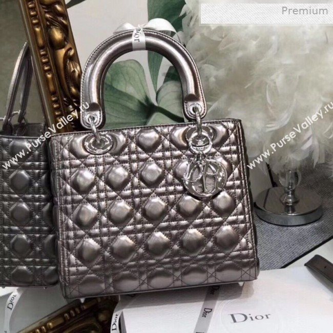 Dior Lady Dior Medium Bag in Cannage Metallic Leather Grey/Silver 2019 (XXG-0011728)