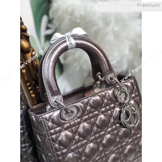 Dior Lady Dior Medium Bag in Cannage Metallic Leather Grey/Silver 2019 (XXG-0011728)