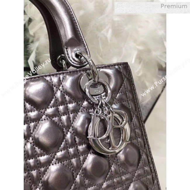 Dior Lady Dior Medium Bag in Cannage Metallic Leather Grey/Silver 2019 (XXG-0011728)