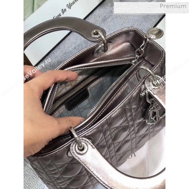 Dior Lady Dior Medium Bag in Cannage Metallic Leather Grey/Silver 2019 (XXG-0011728)