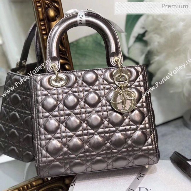 Dior Lady Dior Medium Bag in Cannage Metallic Leather Grey/Gold 2019 (XXG-0011727)