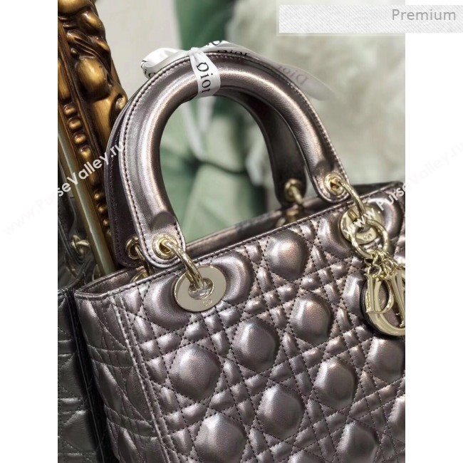 Dior Lady Dior Medium Bag in Cannage Metallic Leather Grey/Gold 2019 (XXG-0011727)