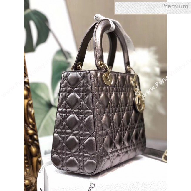 Dior Lady Dior Medium Bag in Cannage Metallic Leather Grey/Gold 2019 (XXG-0011727)
