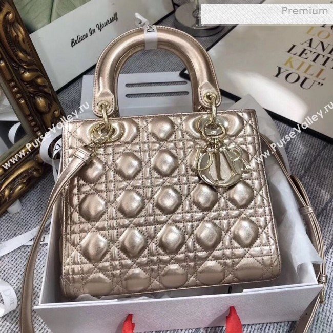 Dior Lady Dior Medium Bag in Cannage Metallic Leather Champagne/Gold 2019 (XXG-0011729)
