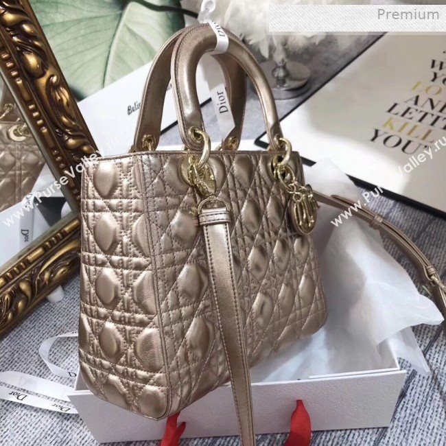Dior Lady Dior Medium Bag in Cannage Metallic Leather Champagne/Gold 2019 (XXG-0011729)