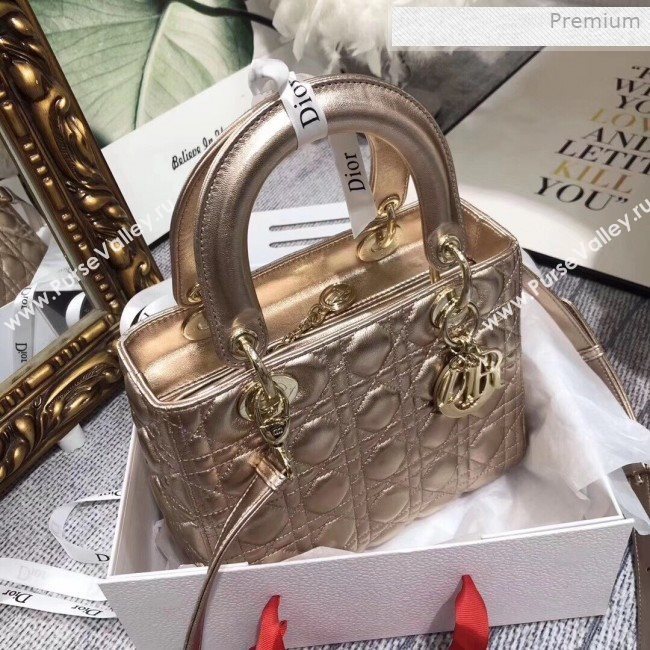 Dior Lady Dior Medium Bag in Cannage Metallic Leather Champagne/Gold 2019 (XXG-0011729)