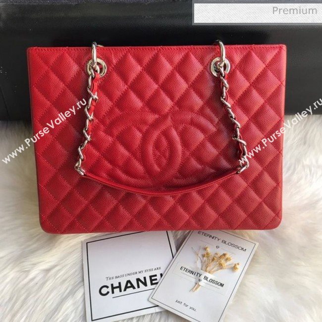 Chanel Grained Calfskin Grand Shopping Tote GST Bag Red/Silver (FM-0021716)