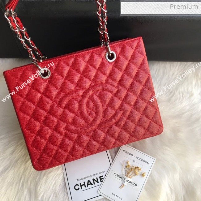 Chanel Grained Calfskin Grand Shopping Tote GST Bag Red/Silver (FM-0021716)