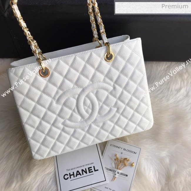 Chanel Grained Calfskin Grand Shopping Tote GST Bag White/Gold (FM-0021719)