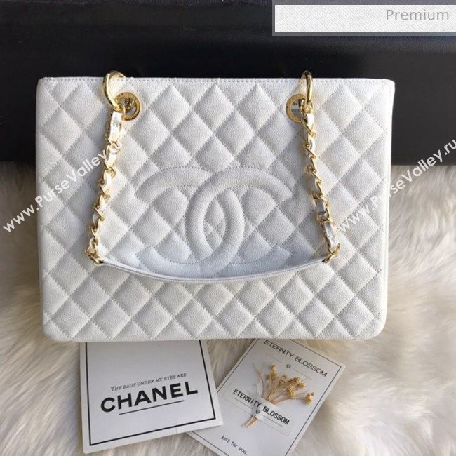 Chanel Grained Calfskin Grand Shopping Tote GST Bag White/Gold (FM-0021719)