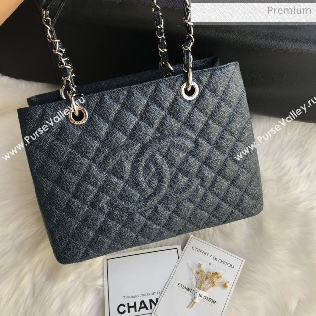 Chanel Grained Calfskin Grand Shopping Tote GST Bag Navy Blue/Silver (FM-0021722)