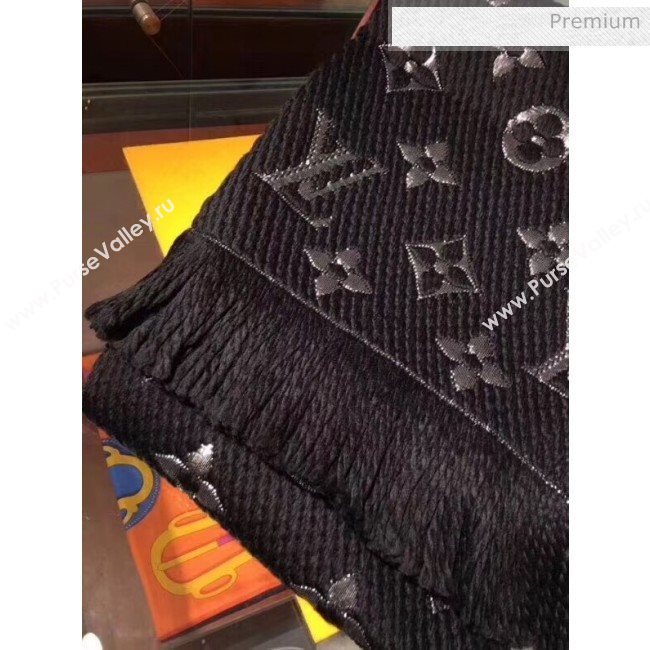 Louis Vuitton Wool Silk Shiny Fringe Scarf 30x175 Black/Silver   (1A066-9101755)