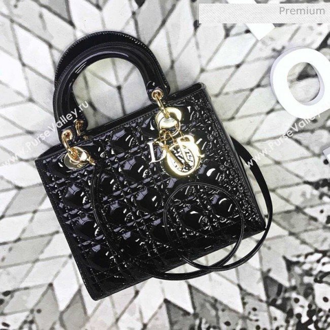 Dior My Lady Dior Medium Bag in Patent Cannage Calfskin Black/Gold 2019 (XXG-0011719)
