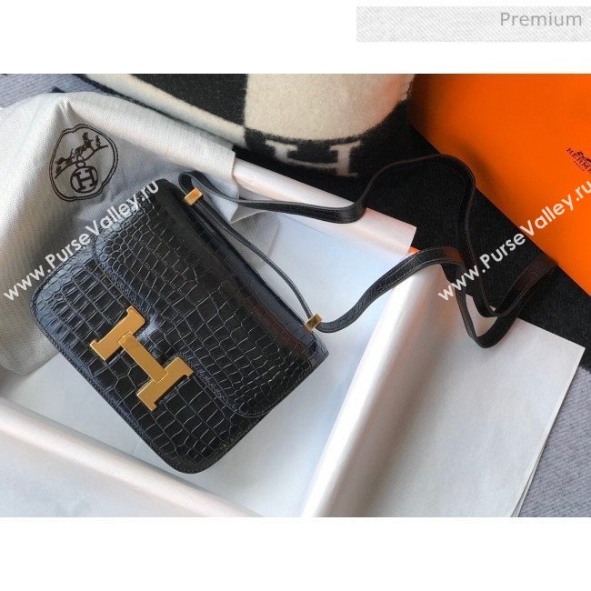 Hermes Constance 18/23cm in Crocodile Embossed Calf Leather Black/Gold 2019 (Half Handmade) (FL-9122114)